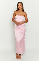 Baby Pink strapless satin maxi dress on blonde model