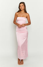 Pink Bloom Satin Strapless Maxi Dress Image