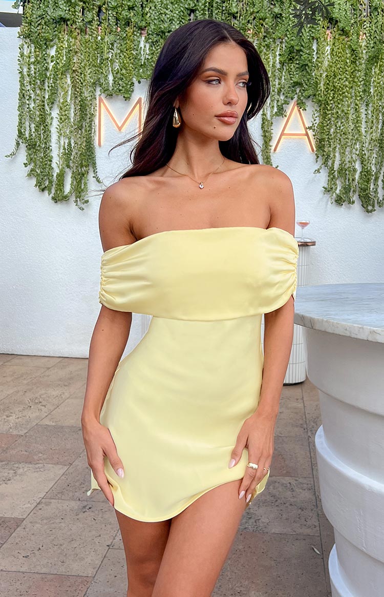 Primrose Yellow Satin Off the Shoulder Mini Dress Image