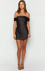 Primrose Black Satin Off the Shoulder Mini Dress Image