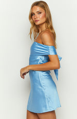 Primrose Blue Satin Off the Shoulder Mini Dress Image