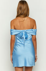 Primrose Blue Satin Off the Shoulder Mini Dress Image