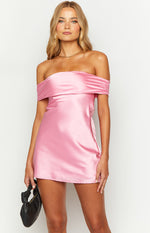 Primrose Pink Satin Off the Shoulder Mini Dress Image