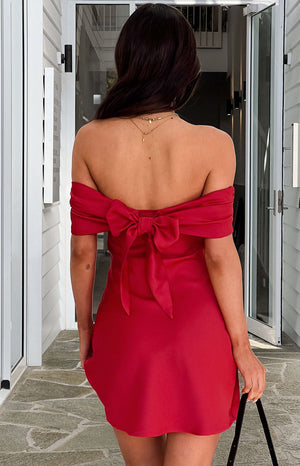 Primrose Red Satin Off the Shoulder Mini Dress