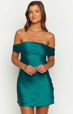 Primrose Teal Satin Off the Shoulder Mini Dress Image