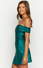 Primrose Teal Satin Off the Shoulder Mini Dress Image