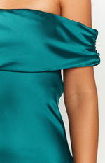 Primrose Teal Satin Off the Shoulder Mini Dress Image