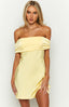 Yellow satin strapless mini party dress with adjustable back tie on brunette model.