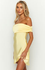 Primrose Yellow Satin Off the Shoulder Mini Dress Image