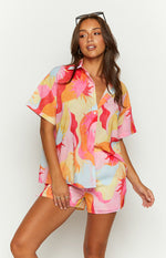 Rays Pink Sun Print Short Sleeve Button Up Shirt Image