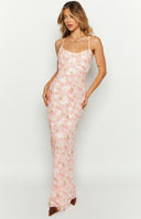 Pink floral chiffon maxi dress on brunette model