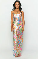 Summer satin print maxi dress on blonde model