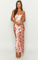 Pink floral print satin maxi dress on blonde model