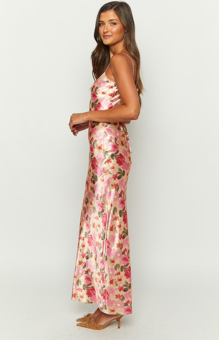 Renesmee Yellow Floral Print Satin Maxi Dress Image