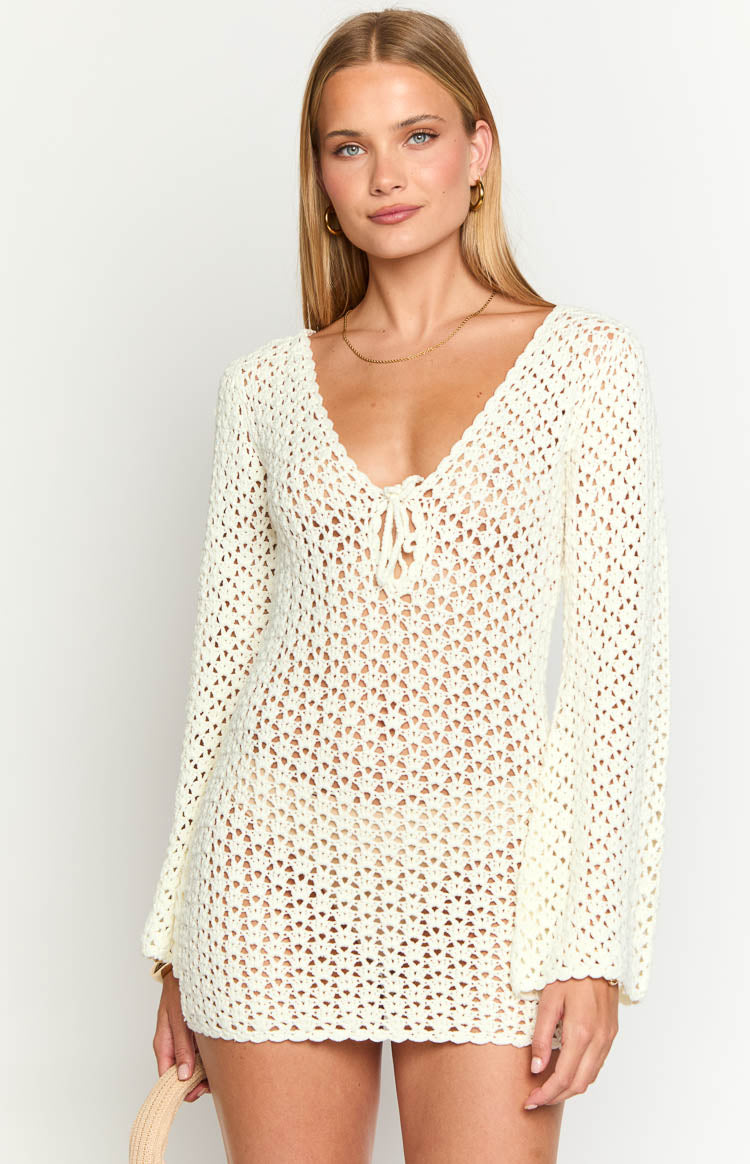 Rhi Cream Crochet Long Sleeve Mini Dress Image