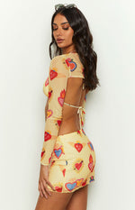 Rosaline Yellow Heart Printed Mesh Mini Skirt Image