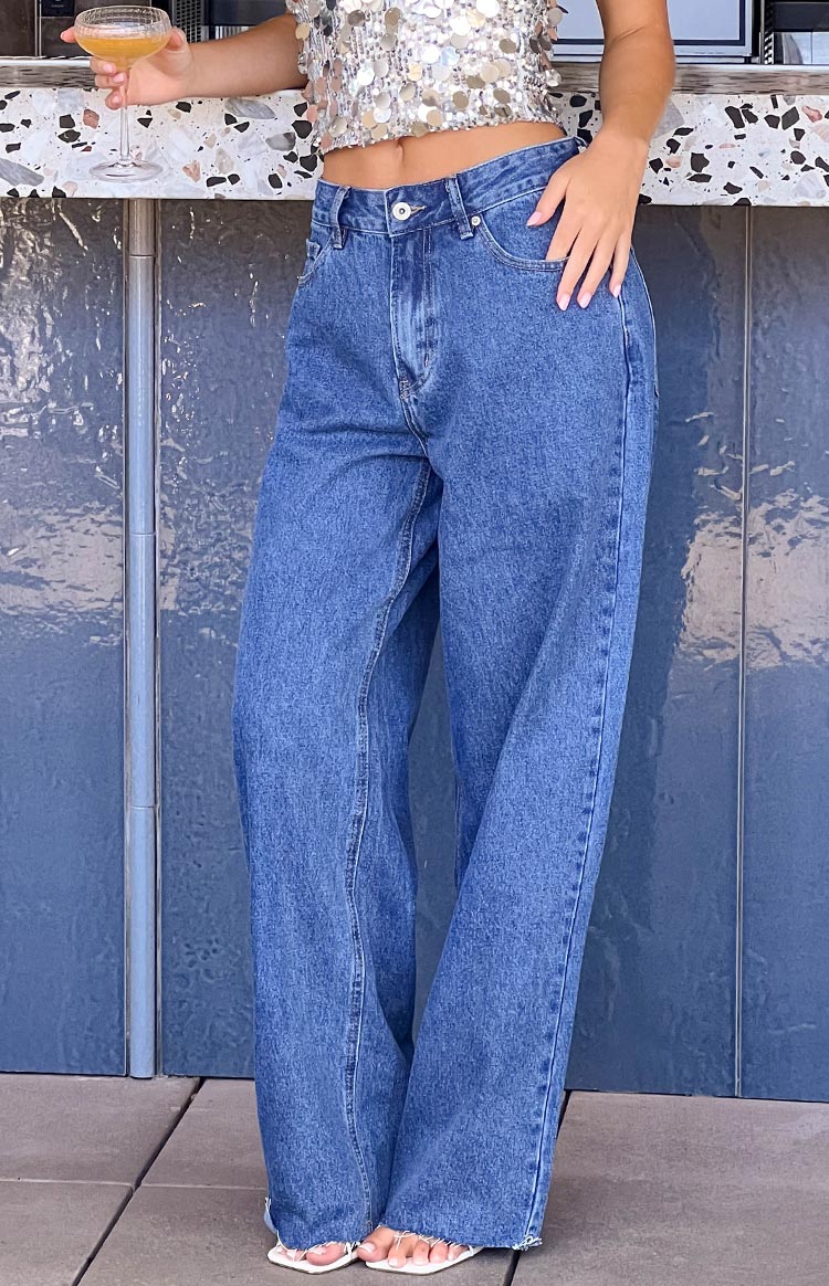 She's Yours Mid Wash Denim Wide Leg Boyfriend Jeans Image