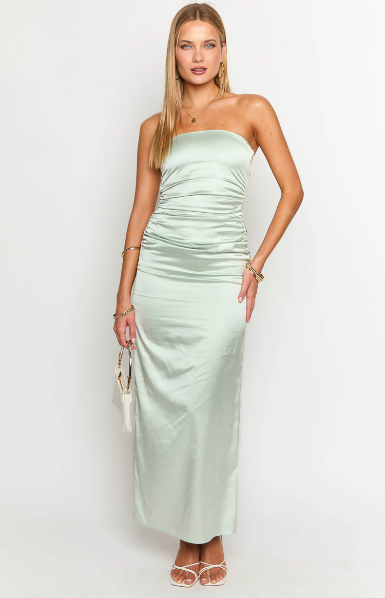 Sage Bloom Satin Strapless Maxi Dress Image