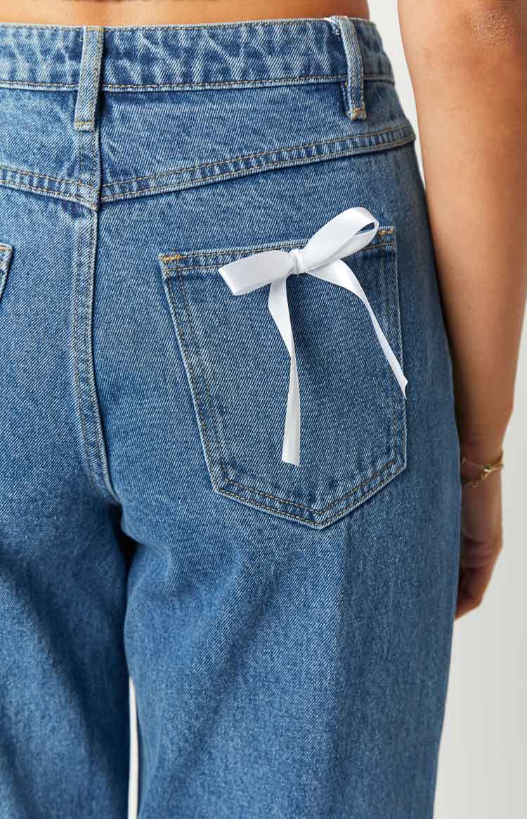 Sassy Stitches Mid Wash Straight Leg Bow Jeans Image