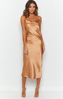 Champagne coloured satin midi dress.