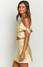 Scotlyn Yellow Satin Off The Shoulder Crop Top Image