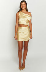 Scotlyn Yellow Satin Off The Shoulder Crop Top Image