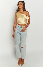 Scotlyn Yellow Satin Off The Shoulder Crop Top Image