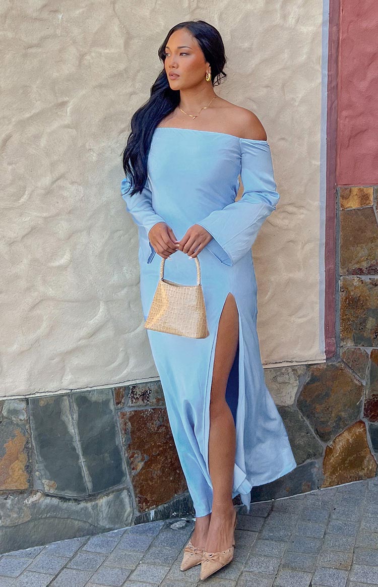 Off-the-shoulder long sleeve satin pastel blue maxi dress with left leg slit 