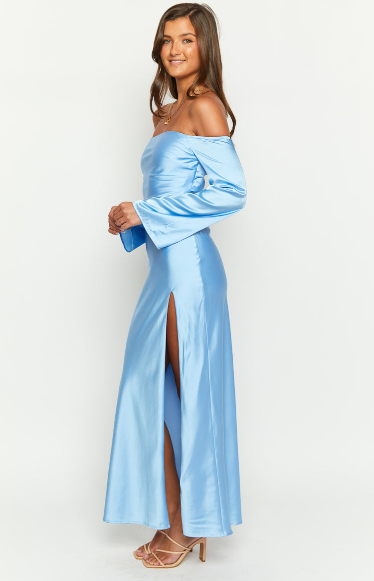 Shae Blue Satin Long Sleeve Maxi Dress Image