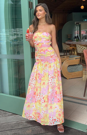 yellow and pink floral print strapless maxi dress