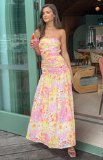 Sinclair Yellow Floral Print Strapless Maxi Dress Image