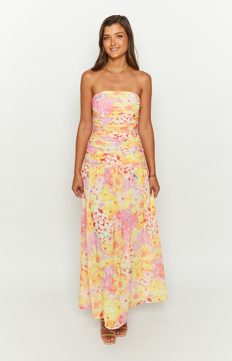 Sinclair Yellow Floral Print Strapless Maxi Dress Image