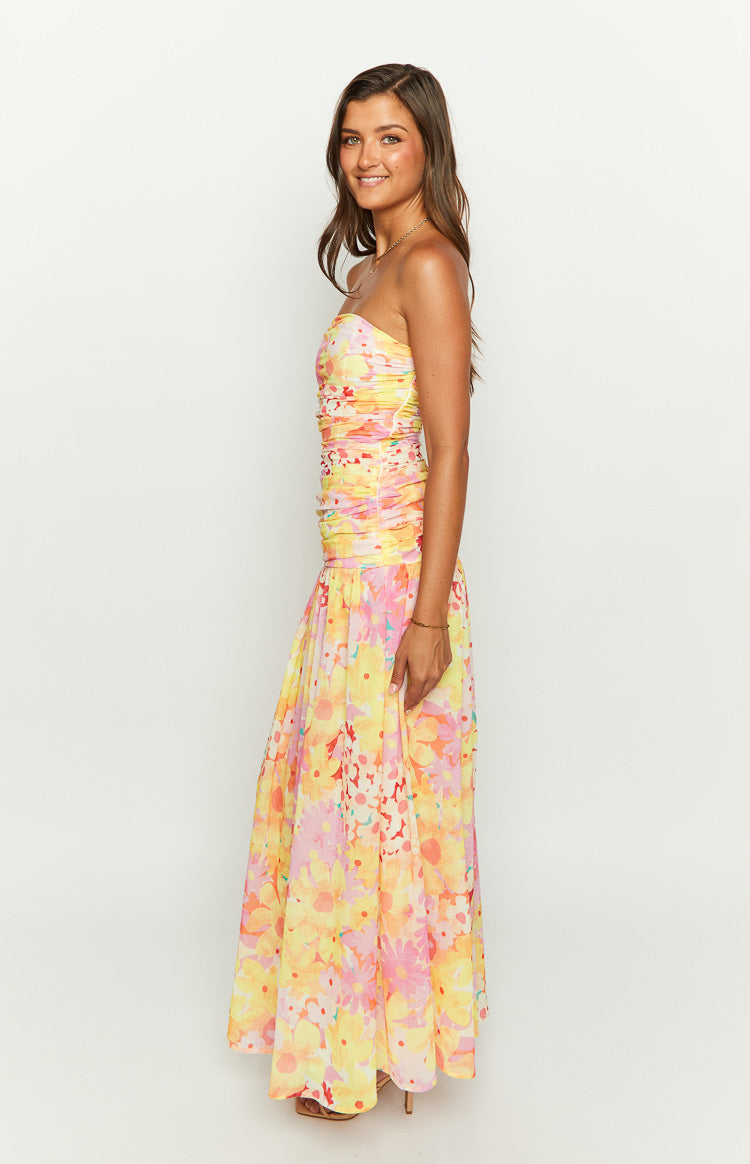 Sinclair Yellow Floral Print Strapless Maxi Dress Image