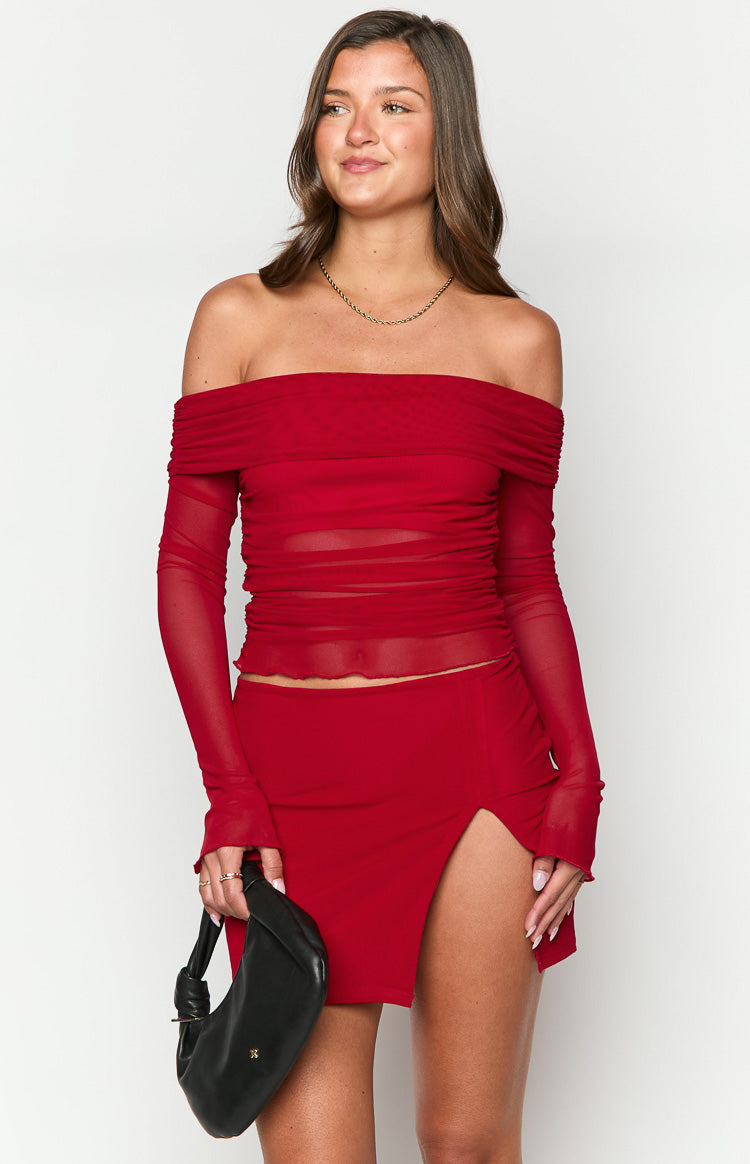 Sky Red Mesh Off Shoulder Top Image