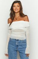 Sky White Mesh Off Shoulder Top