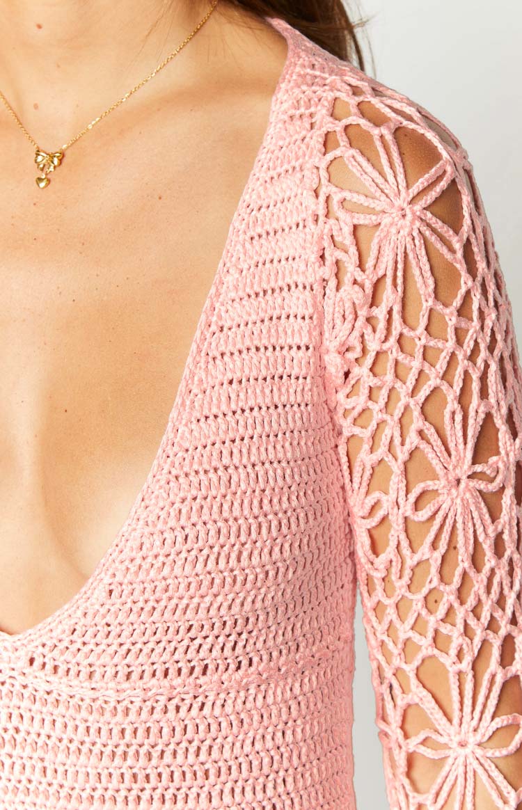 Spina Pink Crochet Long Sleeve Mini Dress Image