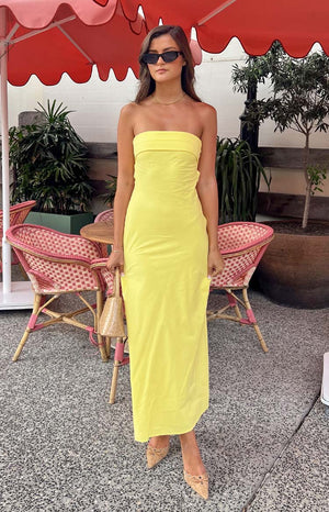 summer lemon yellow strapless midi dress