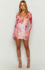 Surround Sound Pink Floral Mesh Long Sleeve Mini Dress Image