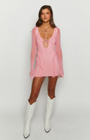 Surround Sound Pink Mesh Long Sleeve Mini Dress