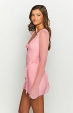 Surround Sound Pink Mesh Long Sleeve Mini Dress Image