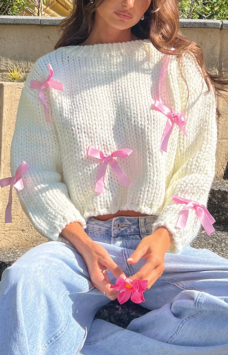 Sweetheart Stitch Bow White Sweater Image