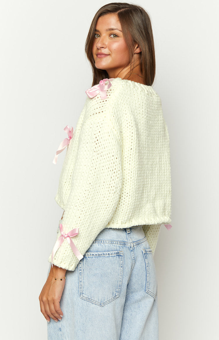 Sweetheart Stitch Bow White Sweater Image