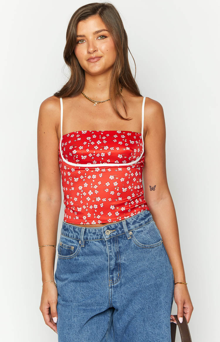 Tamra Red Floral Low Back Top