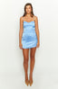 Blue mini dress with lace bust detailing on blonde model 