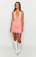 Baby prink crochet mini dress with deep v neckline