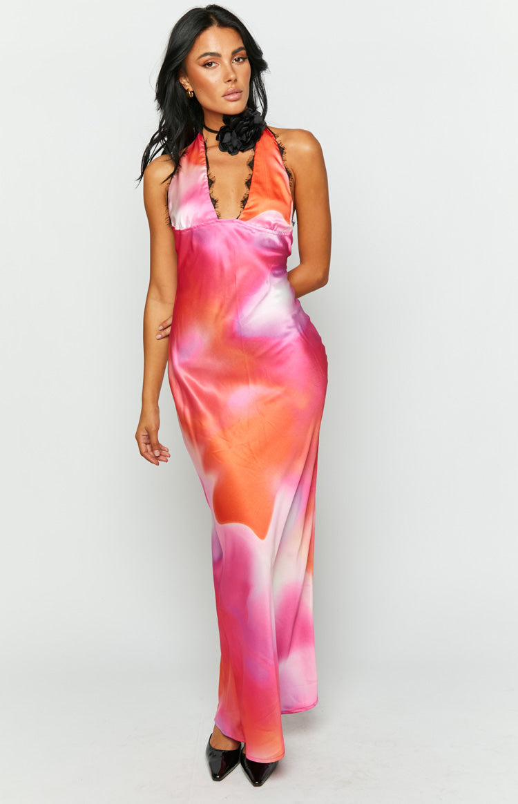 Valletta Pink Print Halter Neck Maxi Dress Image