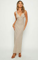 Beige maxi dress on brunette model