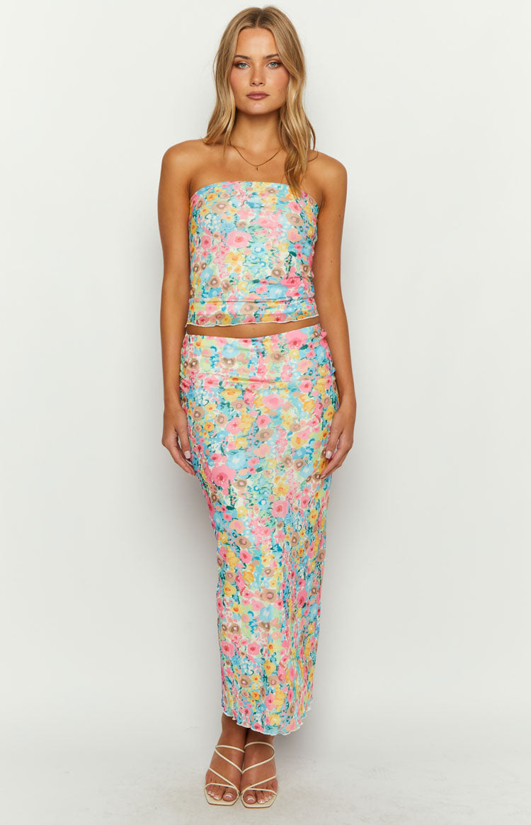 When in Rome Multi Floral Strapless Mesh Top Image