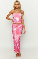 When In Rome Pink Floral Print Mesh Maxi Skirt Image