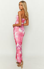 When In Rome Pink Floral Print Mesh Maxi Skirt Image